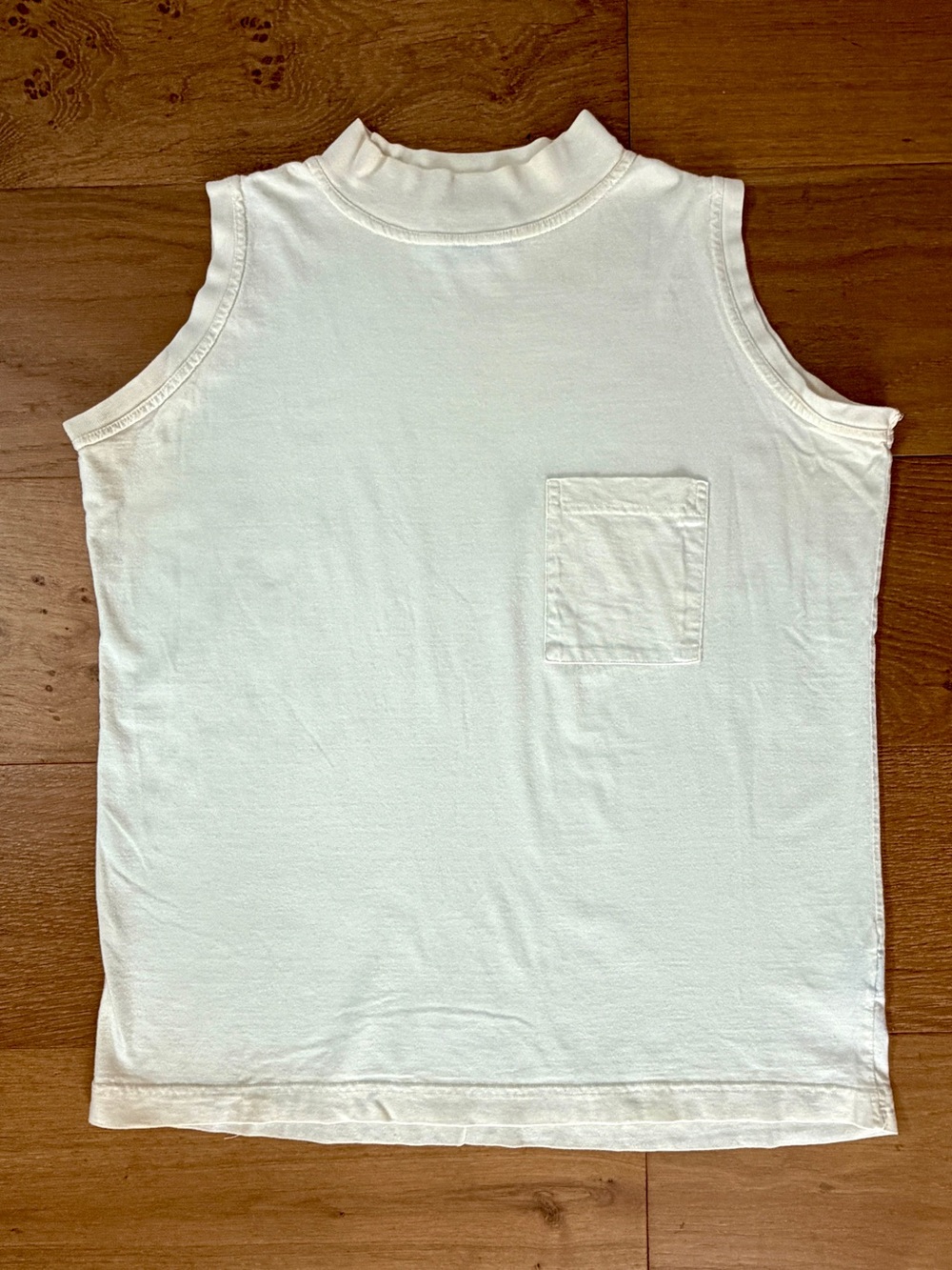 VTG 90s Eddie Bauer Mock Neck Pocket Tank Top Pale Yellow Cotton Wms L Gorpcore
